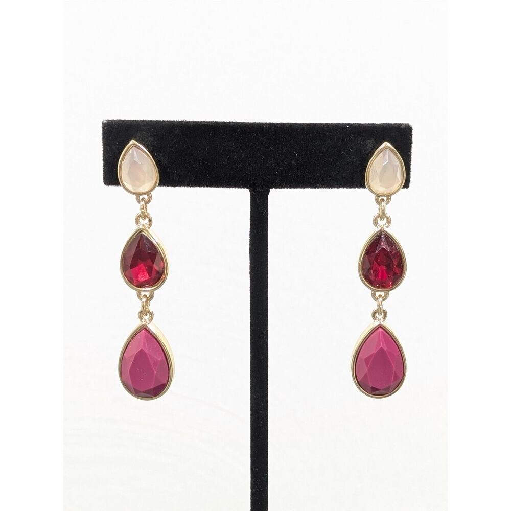 Liz Claiborne‎ Red Purple Pink Teardrop Stacked Rhinestone Earrings